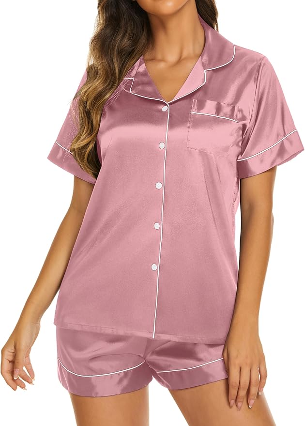 Ekouaer Silk Pajamas for Women Short Sleeve Sleepwear Soft Button Down Loungewear 2 Piece Satin Pjs Shorts Set S-XXL