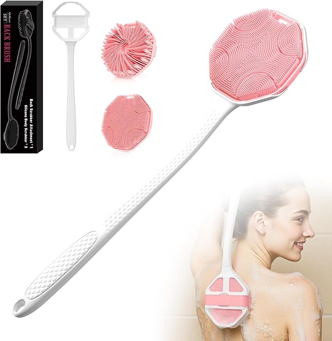 3PCS Extender Handle Set,17in Lengthen Detachable Long Handle Back Brush*1,Silicone Body Scrubber for Gentle Exfoliating and Massage Can Produce Rich Foam*2,Long Handle Back Scrubber for Men (White)