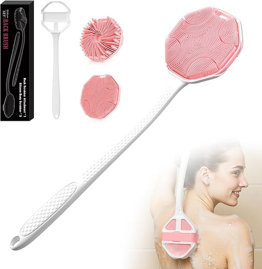 3PCS Extender Handle Set,17in Lengthen Detachable Long Handle Back Brush*1,Silicone Body Scrubber for Gentle Exfoliating and Massage Can Produce Rich Foam*2,Long Handle Back Scrubber for Men (White)