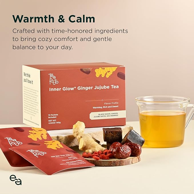 Tea Facto Inner Glow* Jujube Ginger Tea Bags with Dried Ginger Roots and Red Dates - Natural Fiber, Zero Added Sugar, Zero Caffeine - 10 Count