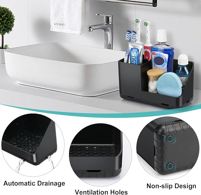 Toothbrush Holders for Bathrooms, Kids Electric Toothbrush and Toothpaste Holder, Toothbrush Organizer with Drainage, Tooth Brush Holder for Bathroom Countertop Organizer (Black)