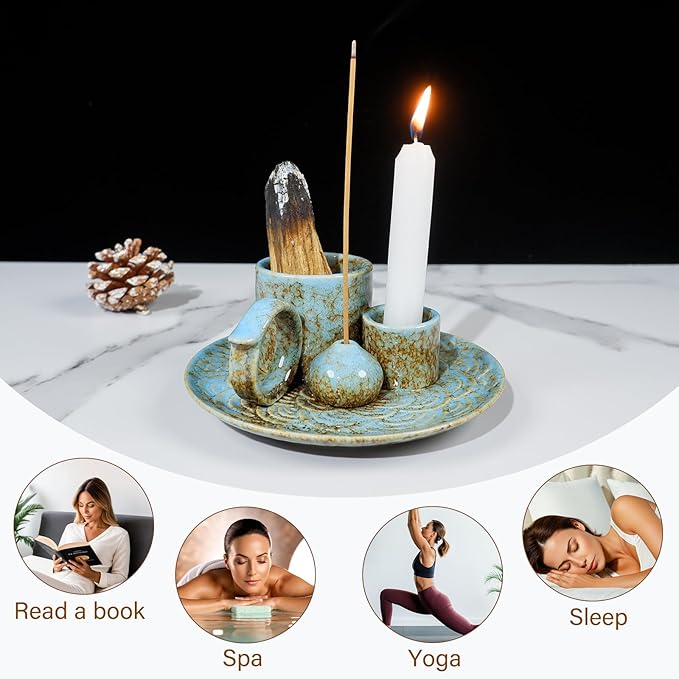 5-in-1 Ceramic Palo Santo Burner Holder Blue -Small Candle Holder & Smudge Burning Tray Bowl,Fits Incense Sticks/Cones, Sage.Zen Altar for Meditation Room, Aromatic Scents, Matches Compatible