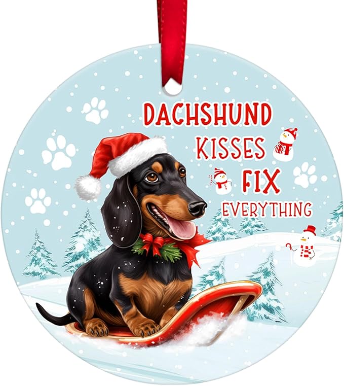 34HD Dachshund Skiing Gifts for Christmas, Dachshund Kisses Fix Everything Christmas Ornament for Tree 2025 Ceramic 2-Side Printed, Dog Lover Gifts for Men Women