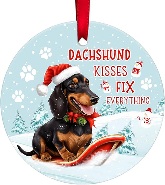 34HD Dachshund Skiing Gifts for Christmas, Dachshund Kisses Fix Everything Christmas Ornament for Tree 2025 Ceramic 2-Side Printed, Dog Lover Gifts for Men Women
