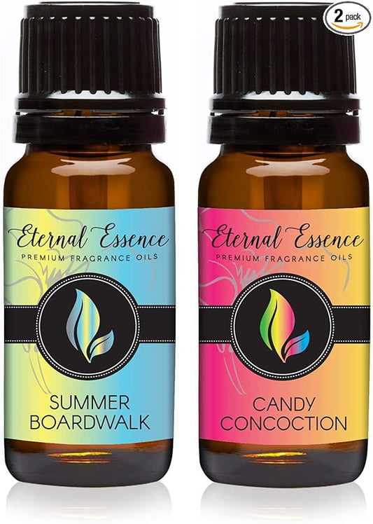 Eternal Essence Oils 2 Pack 10ml Premium Fragrance Oil - Summer Boardwalk & Candy Concoction - for Candle, Soap Making, Aromatherapy, Diffusers, Home Care, & Humidifiers
