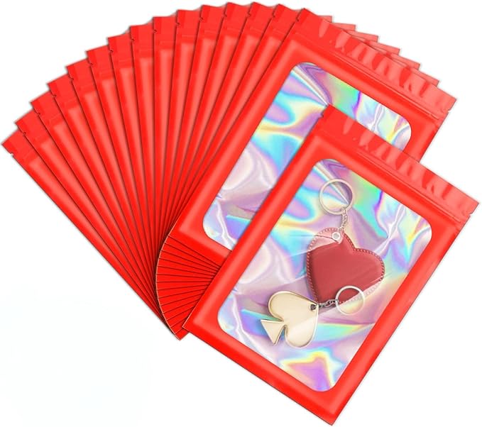 ANZNKU 100 Pcs Smell Proof Mylar Resealable Bags, Holographic Packaging Bags, Resealable Odor Foil Pouch Zip Bag with Clear Window for Food Storage and Lipgloss, Jewelry Lash (Red, 4.7 x 7.9 Inch)