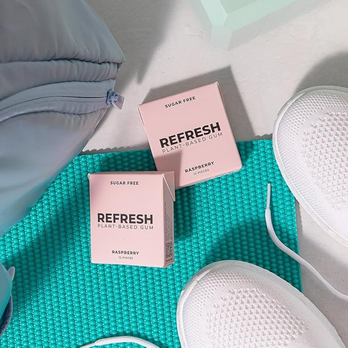 Refresh Gum, Xylitol, Natural, Sugar Free, Plastic Free, Natural Flavors & Organic Ingredients, Plant-Based, Low Calorie, Non GMO, Gluten Free, Vegan, Raspberry Flavor, 12 Pcs, 12 Pack