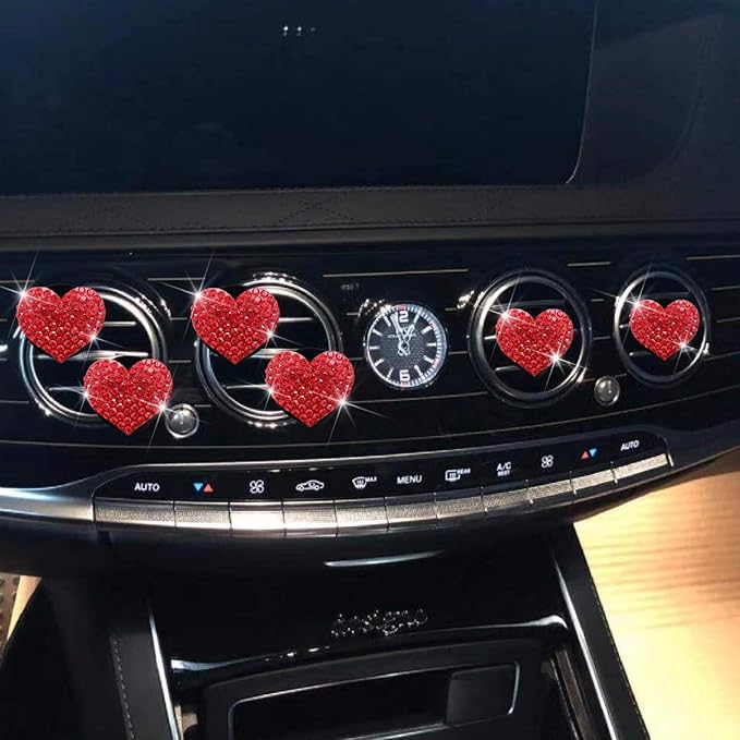 6 Pcs Heart-Shaped Crystal Diamond Air Vent Clip, Heart-Shaped Bling Charms Crystal Car Freshening Diffuser, Car Bling Interior Decorative Accessories for Women (Red)