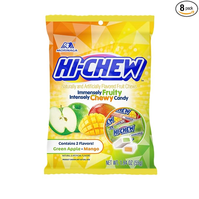 HI-CHEW Green Apple & Mango Mix, Pack of 8 Bags, 1.94oz each - Green Apple & Mango, Unique Fun Soft & Chewy Halloween Candy - Immensely Juicy Fruity Candy Flavors - Individually Wrapped for Sharing