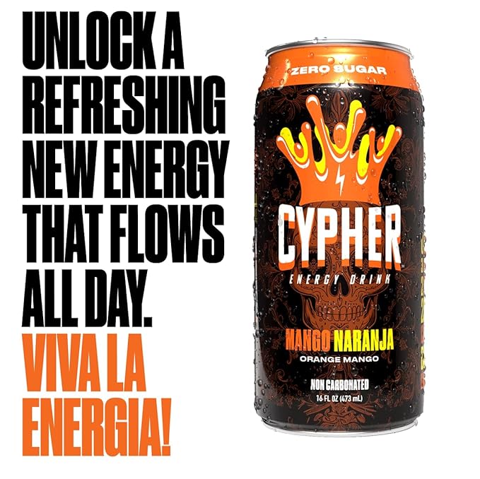 Cypher Sugar Free Energy Drink, Orange Mango – Non-Carbonated & Low Calorie Juice Energy Drink for Lasting Stamina & Focus with 260mg Caffeine, 3g Whey Protein, & 5 Amino Acids (12) 16oz Cans
