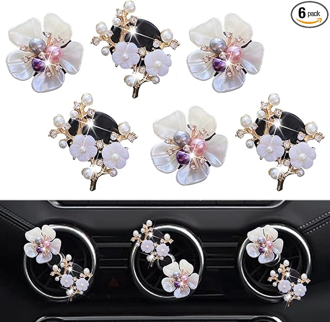 Bling Flower Air Vent Clips, 6 Pcs Cute Daisy Car Fresheners, Diffuser With Rhinestone Interior Decoration Charm, Diamond Decor Accessories for Women Girls