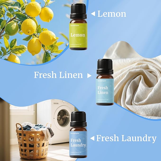 Diffuser Fragrance Oils, Aromtopia Essential Oils for Diffusers for Home, 6x10ml Fresh Home Set, Clean Scents for Candle Soap Making, Dryer Ball, Fresh Linen, Fresh Laundry, Crisp Breeze, Lemon