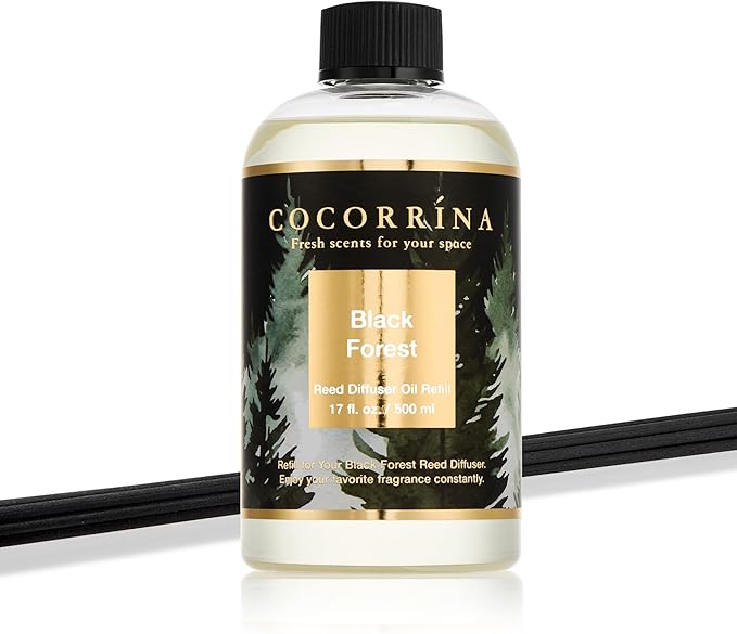 Cocorrína Reed Diffuser Refill Black Forest 17oz (500ml) with 8 Sticks - Premium Long-Lasting Essential Oil, Home Fragrance for Bedroom, Bathroom Home Decor