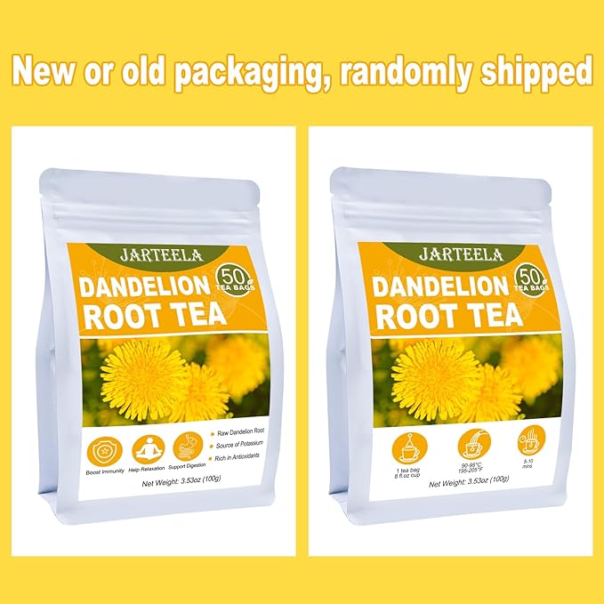 Jarteela Dandelion Root Tea - 2g Pyramid Bags, 50 Count - Raw, Non-GMO, Caffeine-Free