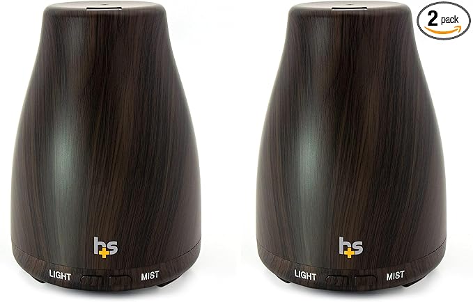 HealthSmart Essential Oil Diffuser, Cool Mist Humidifier and Aromatherapy Diffuser with 150ML Tank Ideal for Small Rooms, Adjustable Timer and Mist Mode, Wood Grain Brown (Pack of 2)
