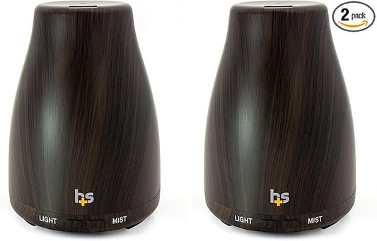 HealthSmart Essential Oil Diffuser, Cool Mist Humidifier and Aromatherapy Diffuser with 150ML Tank Ideal for Small Rooms, Adjustable Timer and Mist Mode, Wood Grain Brown (Pack of 2)