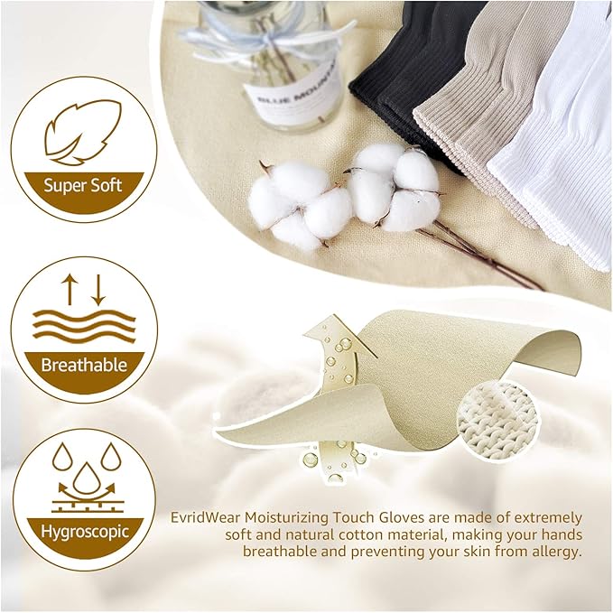 Evridwear Unisex Moisturizing Cotton Gloves with Touchscreen Fingertips for Eczema Beauty Cosmetic Dry Hands Sensitive Irritated Skin Therapy Overnight Bedtime, 6 Pairs, Lightweight-Beige, L/XL