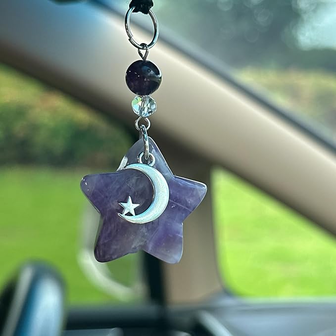 CASONA Purple Crystal Star Car Charm,Rearview Mirror Dangling Accessories,Boho Car Hanging Ornament with Moon Bead,Spiritual Purple Decor for Women