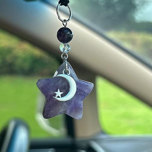 CASONA Purple Crystal Star Car Charm,Rearview Mirror Dangling Accessories,Boho Car Hanging Ornament with Moon Bead,Spiritual Purple Decor for Women