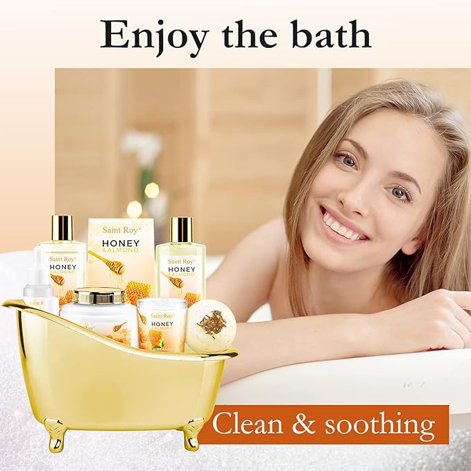 Christmas Gifts for Women Bath & Body Gift Set, Luxury Home Spa Bath Gift Basket, Honey Almond Scented Bath Set, Pamper Gifts Birthday gifts & Teens, Spa Kit Gift, Home Spa Gifts for Men Dad