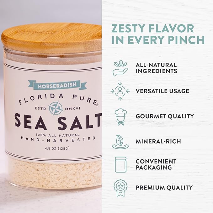FLORIDA PURE Horseradish Sea Salt - 80+ Mineral Sea Salt, Natural, Unrefined, Non Iodized - for Baking, Cooking, Seasoning & Enhancing Taste - Rich Taste Flaky Sea Salt (4.5 oz Jar)