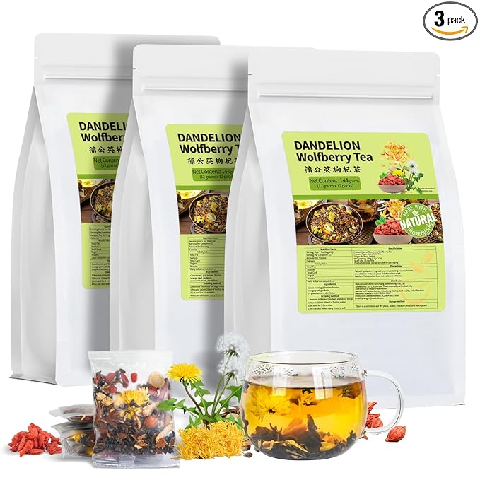Dandelion Wolfberry Tea Organic, Natural Kidneys & Liver Health Dandelion Root Tea with Dandelion, Chrysanthemum, Wolfberry, Cassia Seed, Licorice, Orange Peel, Gardenia (3 Pack/36 Bags)