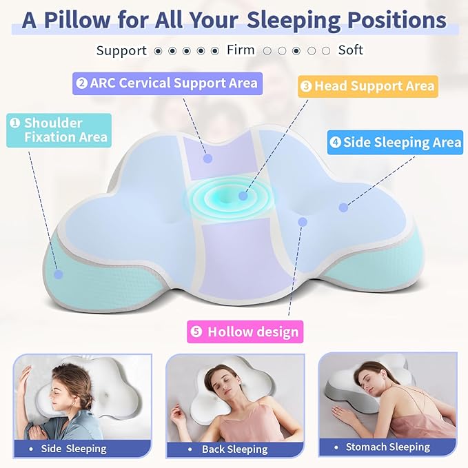 Cervical Pillow for Neck and Shoulder, Ergonomic Side Sleeper Pillow for Neck Support, Contour Memory Foam Pillows for Side Back & Stomach Sleepers with Cooling Pillowcase