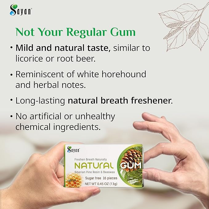 Sayan Sugar Free All Natural Gum, Siberian Pine Tree Resin and Beeswax Chewing Gum for Fresh Breath, Vegetarian, Non-GMO, No Sugar, Gluten Free, Aspartame Free, No Preservatives - 3 Packs (48 Pieces)