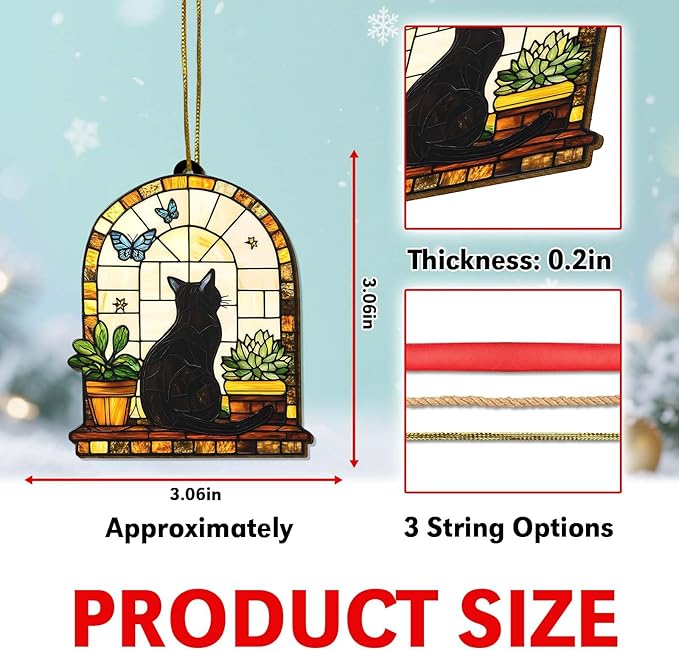 Black Cat Stained Glass Ornament, Window Scene Tree Decoration with Plants and Butterfly, Artistic Wooden Keepsake Gift for Cat Lovers, Women