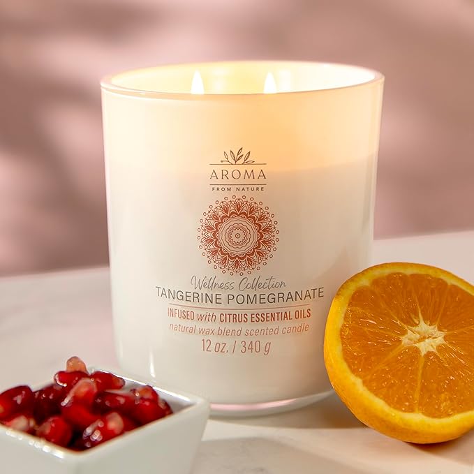 Aroma from Nature Wellness Collection Candle, 12 oz, 2 Cotton Wicks, Tangerine Pomegranate, Large Painted Jar