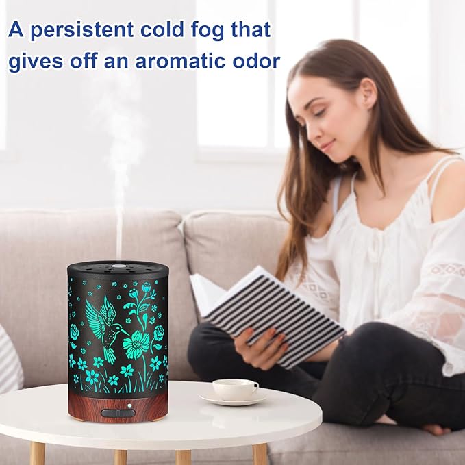 Essential Oil Diffuser- Metal Cool Mist Humidifier-Aromatherapy Diffuser with7 Colors Light, and Auto-Off - for Home and Office（Hummingbird）……