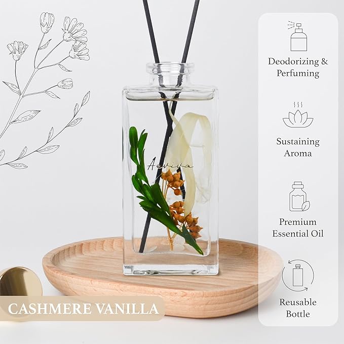 Flower Reed Diffuser Set, 5 oz Cashmere Vanilla Scent Diffuser with Sticks, Home Fragrance Scented Oil Reed Diffusers for Home, Bathroom, Decor & Gift
