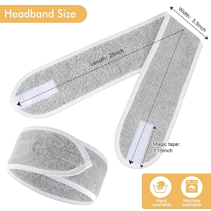 SINLAND Spa Headband for Women 3 Counts Ultra Soft Adjustable Makeup Hair Band with Magic Tape, Terry Cloth Stretch Head Wrap for Face Washing, Bath, Shower, Facial Mask, Yoga