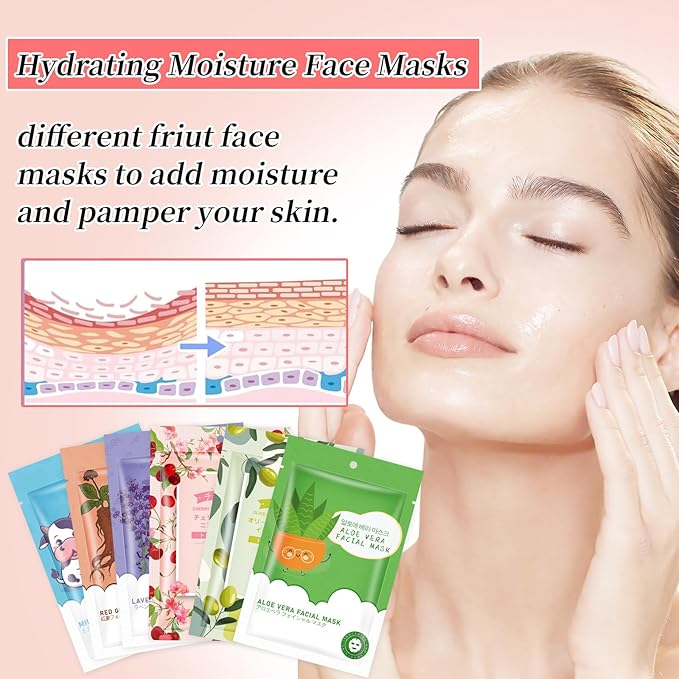 24 Pack Sheets Face Masks Skincare for All Skin Types, Hydrating Face Masks Suitable for Sensitive Skin, Moisturizing Bulk Facial Mask for Women Skin Care, Facial Mask Gifts for Spa
