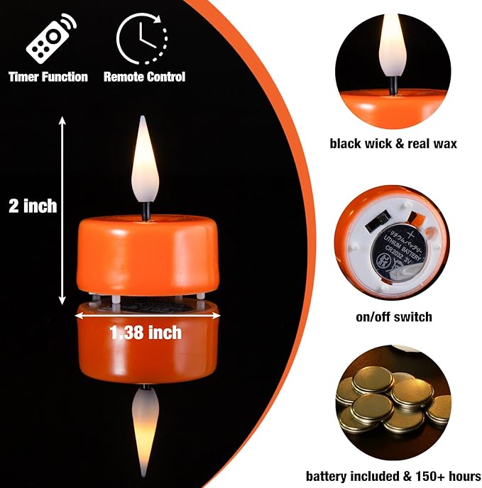 Eywamage Orange Flameless LED Tealights with Remote Batteries, Halloween Fall Battery Tea Votive Candles Real Wax Flickering Set of 10