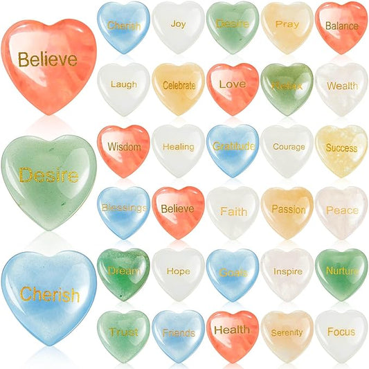 Fabbay 30 Pcs Heart Inspirational Stones, Heart Stones with 30 Different Words, Engraved Worry Rocks Bulk As Meditation Decorations, Party Gifts for Encouragement Friends Family (0.8 Inch)