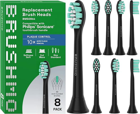 Brushmo Plaque Control Replacement Toothbrush Heads, Compatible with Philips Sonicare Click-on Electric Toothbrush Handles, 8 Standard Replacement Heads, SoftDuPont Bristles, BM928bk, Black