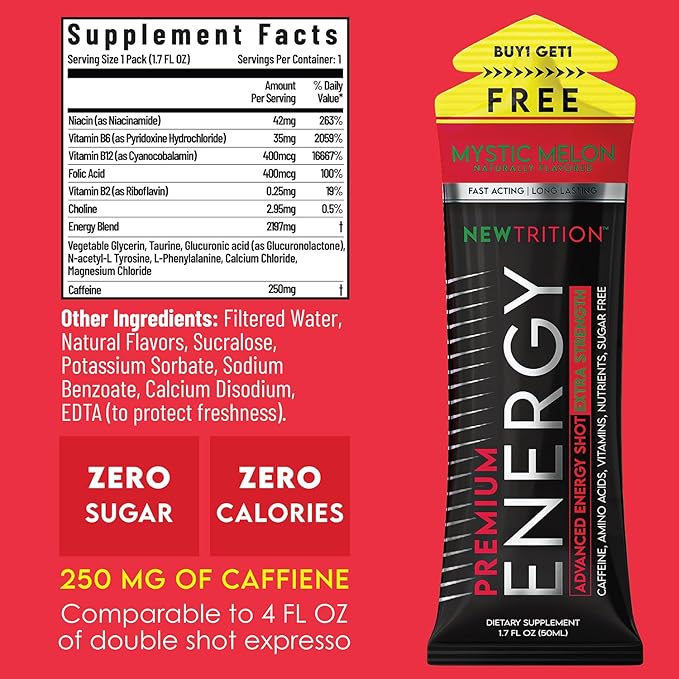 NewTrition® Extra Strength Energy Shots, 250mg Caffeine Energy Shots with Vitamin B & Amino Acids, Sugar-Free Vitamin Energy Shot, 1.7 fl oz (Pack of 24, Mystic Melon)