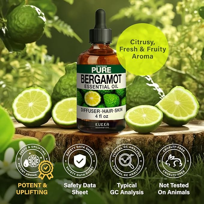 KUKKA Bergamot Essential Oils - 4 Fl Oz - for Hair, Skin, Diffuser, Aromatherapy & DIY Soap Making Scent
