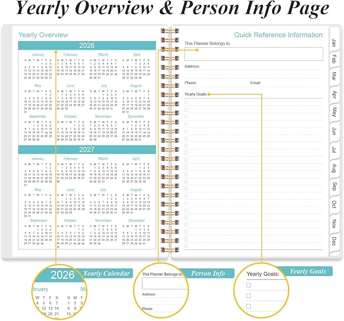 2026 Daily & Monthly Planner - One Page Per Day, Daily Planner 2026 from January 2026 to December 2026, Planners 26 with 12 Monthly Tabs, 6.4" x 8.5", Teal Flowers