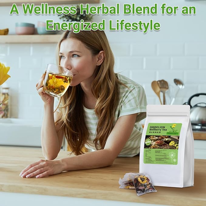 Dandelion Wolfberry Tea, Chinese Traditional Seven Natural Herbs Formula Blend Support Kidney & Liver Health Dandelion Root Tea Bags (2 Pack/24 Bags)