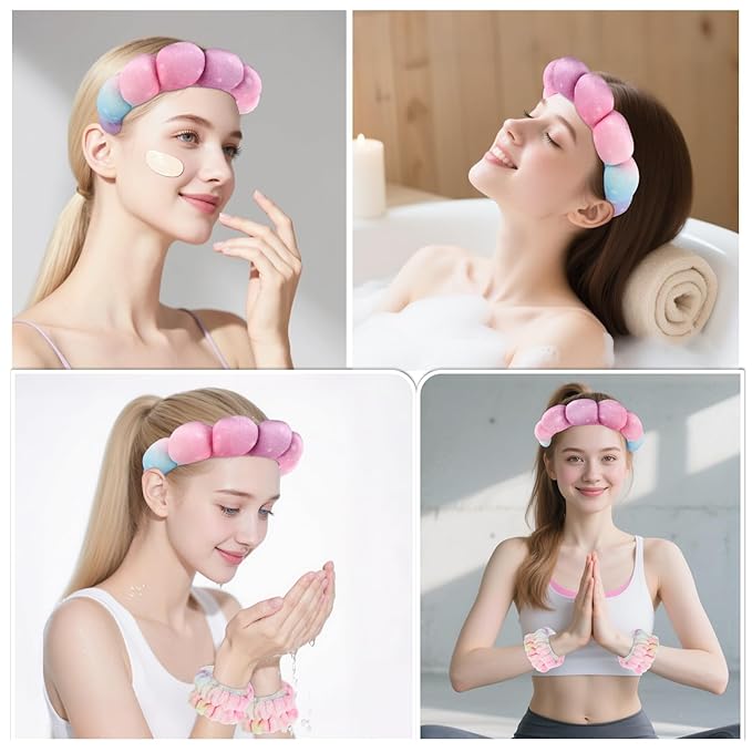 Zkptops Spa Headband for Washing Face Wristband Set Sponge Makeup Skincare Velvet Fabric Bubble Soft Get Ready Hairbands for Women Puffy Headwear Non Slip Thick Thin Hair Accessory(Star)
