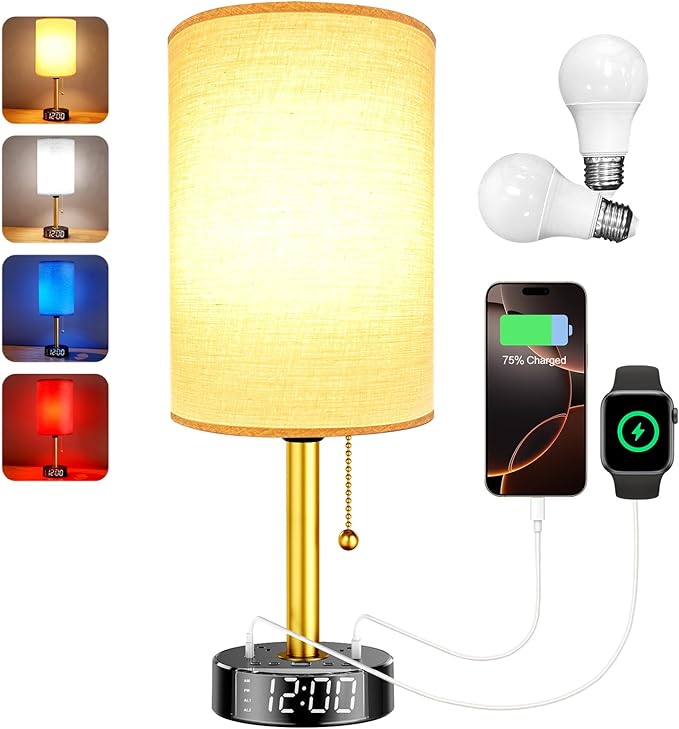Bedside Desk Lamp for Bedroom, Table Lamp with USB A & USB C Fast Charging Ports & 2 AC Power Outlets, Alarm Clock Base, Round Black Fabric Lampshade Modern Nightstand Lamp for Living Room Home Office