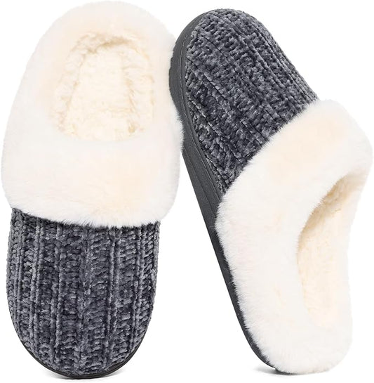 Evshine Warm Knit House Slippers for Women Comfy Wool-Like Lined Chenille Slippers with Memory Foam and Indoor Outdoor Soles