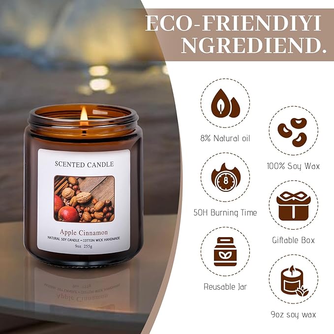 Apple Cinnamon Scented Candles for Home Scented Aromatherapy Candles, Hand-Poured, 9 OZ, 50H Clean Burn,Soy Wax Candle Gift Set for Women Men