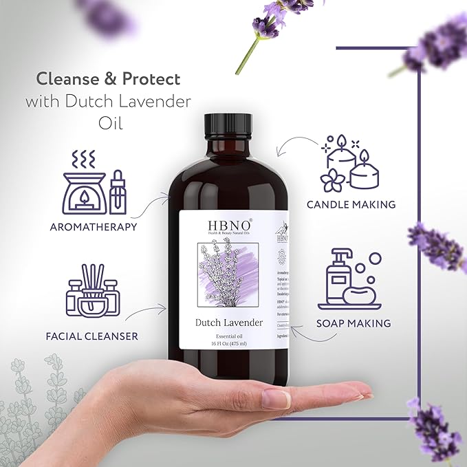 HBNO Lavender Dutch Oil - 16 oz (475ml) Large Size - Ideal for Shampoos, Conditioners, Mouth Washes, Face wash, Lotions, and Skin Care Products (Glass Bottle).