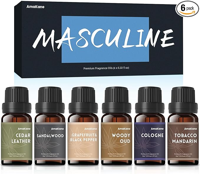 AmaKane Fragrance Oils, Masculine Essential Oils for Men, Candle Scents for Candle Making, Fragrance Oil for Soap Making, Diffuser Oils Scents 6x10 ml, Sandalwood, Cedar Leather, Woody Oud, More