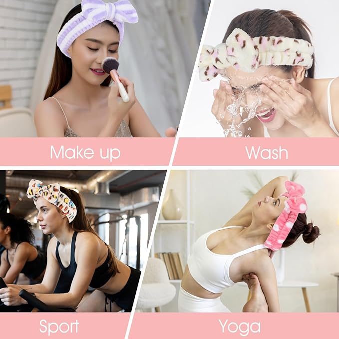 Prasacco 24 Pcs Spa Headband for Women, Soft Coral Fleece Headband for Washing Face Cute Skincare Headbands with Bow Elastic Polyester Makeup Headbands for Women Girls