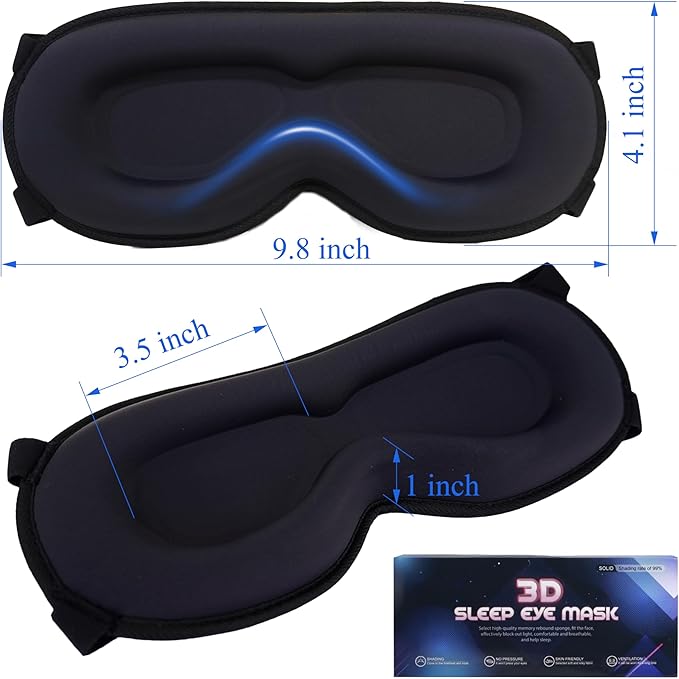 3D Blackout Sleep Mask - Zero Pressure Eye Mask with Double Adjustable Strap, Soft Breathable Lycra Fabric, Perfect for Side Sleepers, Travel, Yoga & Nap - Unisex Design (Black)