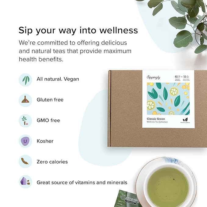 Sippingly Green Tea Sampler – 40 Assorted Green Tea Bags – 10 Flavors from Japan, Nepal, China & India – Naturally Energizing, Medium Caffeine – Ideal Gift for Tea Enthusiasts – Kosher, Gluten-Free